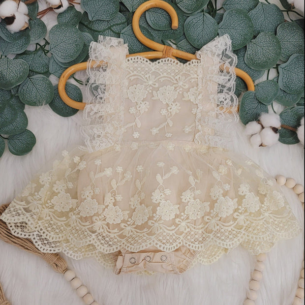 Pretty Solid Color Printed Lace Decor Sleeveless Baby Girl Romper