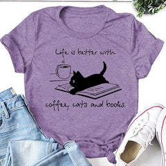 Coffee Cat Book Letter Print Camiseta feminina com slogan 