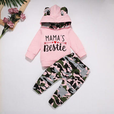2PCS "MAMA'S BESTIE" Letter Printed Hoodie with Camouflage Pants Baby Set