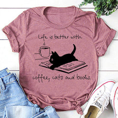 Coffee Cat Book Letter Print Camiseta feminina com slogan 