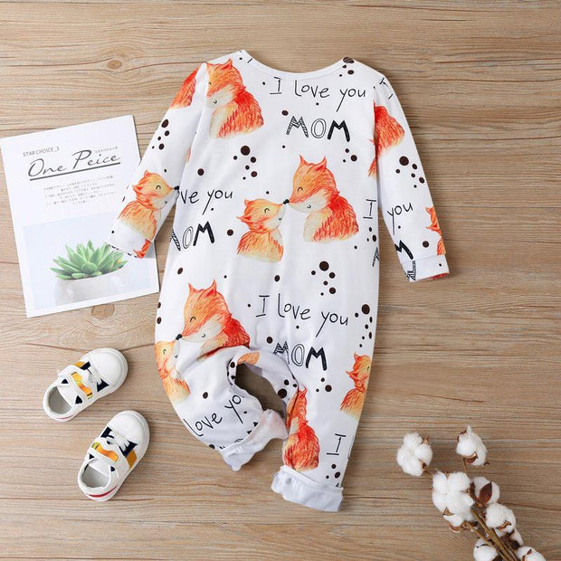 "I Love You Mom"Lovely Fox Printed Baby Jumpsuit