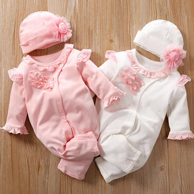 2PCS Lovely Fold Edge Solid Printed Long-sleeve Baby Jumpsuit With Hat