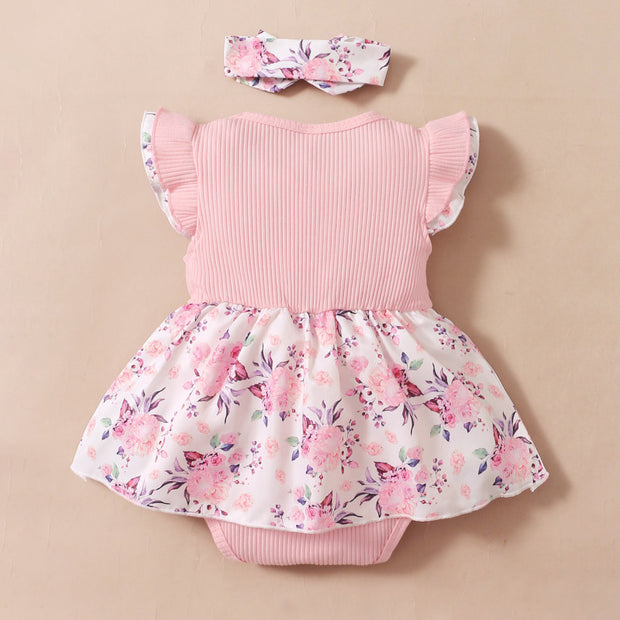 2PCS Lovely Floral Printed Baby Romper