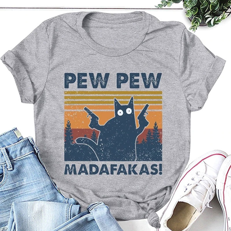 Pew Pew Cat Graphic Printed Tee