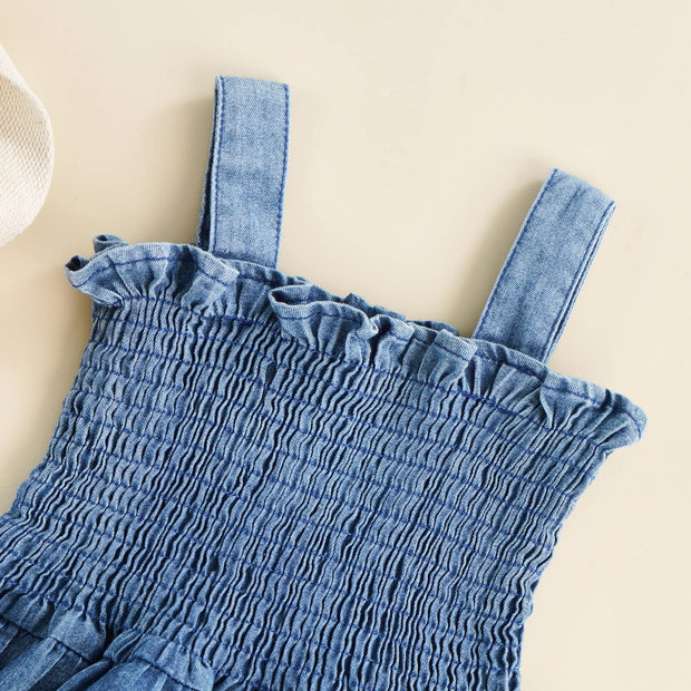 Lovely Solid Color Printed Sleeveless Baby Girl Denim Romper