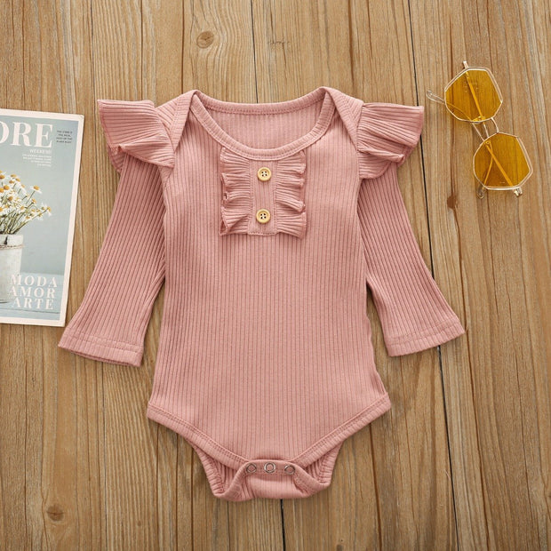 Baby Girl Soild Printed Fly Sleeve Romper With Stripe Pants Baby Set