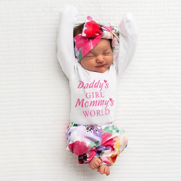 3PCS Baby Girl  "Daddy's Girl Mommy‘s World’" Letter Printed Romper with Full Floral Printed Pants Baby Set