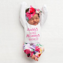 Barboteuse imprimée avec lettres «Daddy's Girl Mommy's World» pour bébé fille, 3 pièces, avec pantalon imprimé Floral complet, ensemble pour bébé