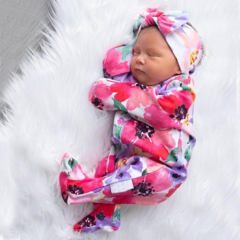 Lovely Baby Full Floral Printed Pajamas With Headband