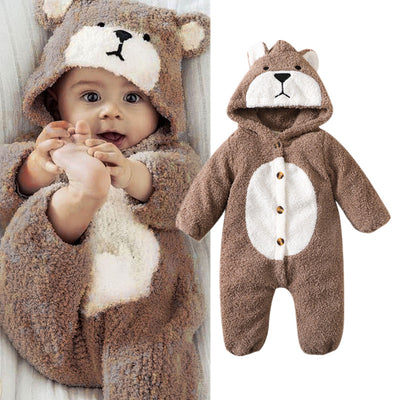 Cute Bear Solid Color Printed Baby Hoodie Jumpsuit