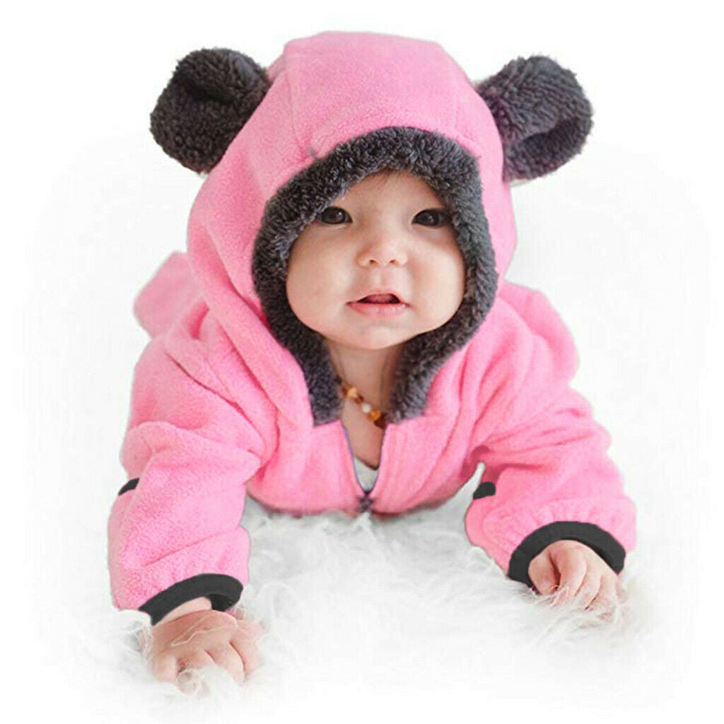 Newborn Baby Boy Girl Solid Color Cartoon 3D Bear Ear Long Sleeve Velvet Hoodie Jumpsuit
