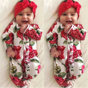 2PCS Lovely Full Floral Printed Long-sleeve Baby Jumpsuit With Headband