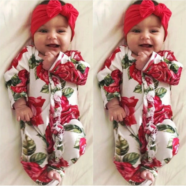 2PCS Lovely Full Floral Printed Long-sleeve Baby Jumpsuit With Headband
