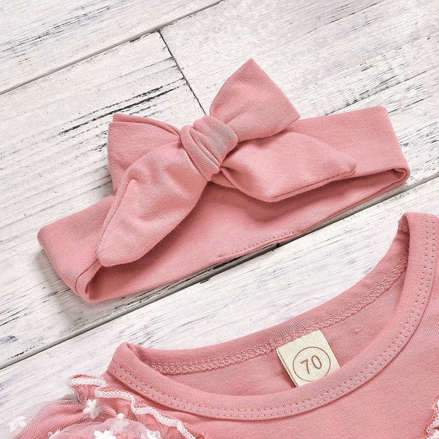 Baby Girl Lovely Lace Solid Romper With Pants Set