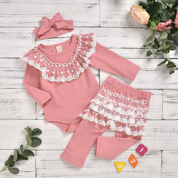 Baby Girl Lovely Lace Solid Romper With Pants Set