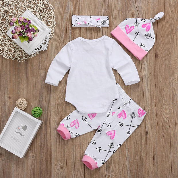 4 Pcs Newborn Baby Girls Clothes Miracles Letter Romper Outfit Pants Set +Hat+Headband