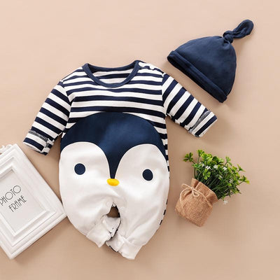 Striped Penguin Print Jumpsuit and Hat