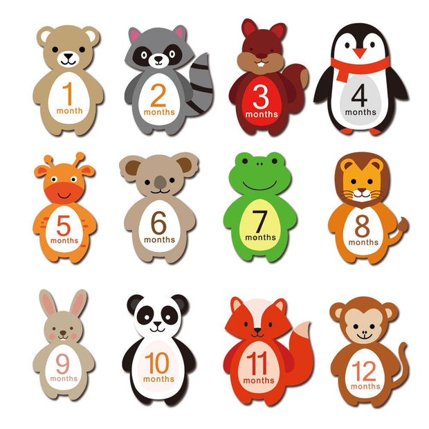 12-pack Resuable Animal Design Baby Monthly Milestone Stickers
