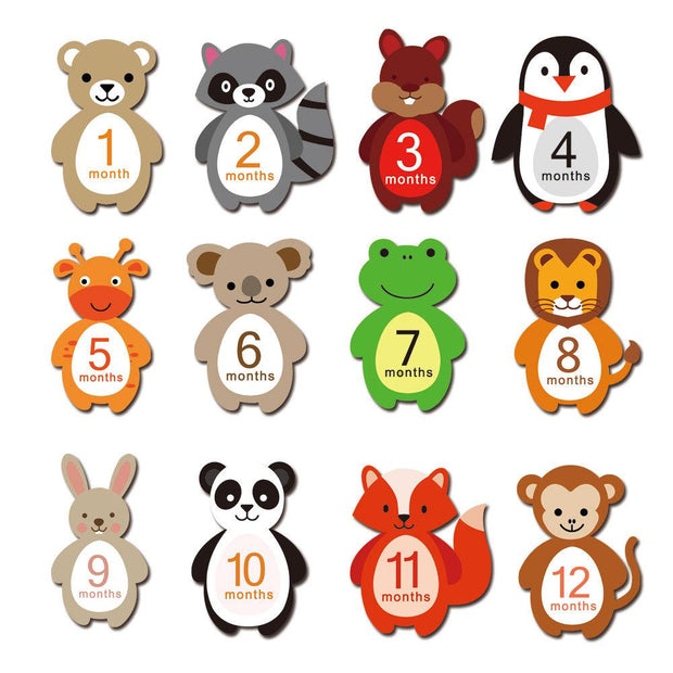 12-pack Resuable Animal Design Baby Monthly Milestone Stickers