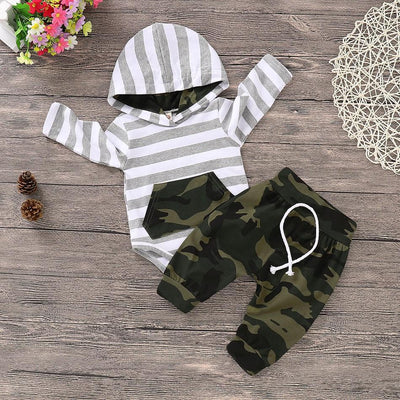 Baby Striped Camouflage Hooded Bodysuit and Drawstring Pants