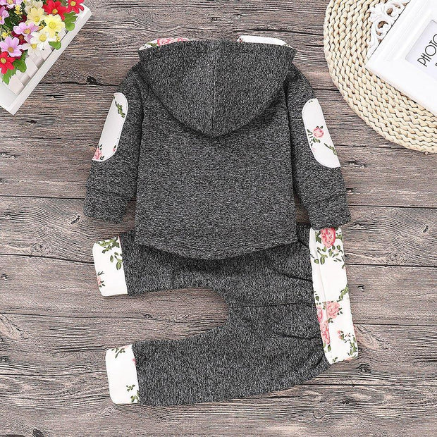 2-piece Floral Splicing Hoodie and Color Blocked Pants Set