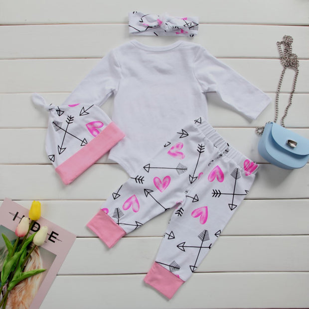 4 Pcs Newborn Baby Girls Clothes Miracles Letter Romper Outfit Pants Set +Hat+Headband