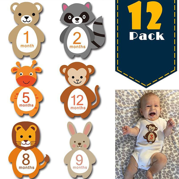12-pack Resuable Animal Design Baby Monthly Milestone Stickers